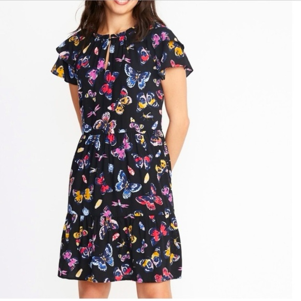 Ruffled butterfly high neck tiered swing dress